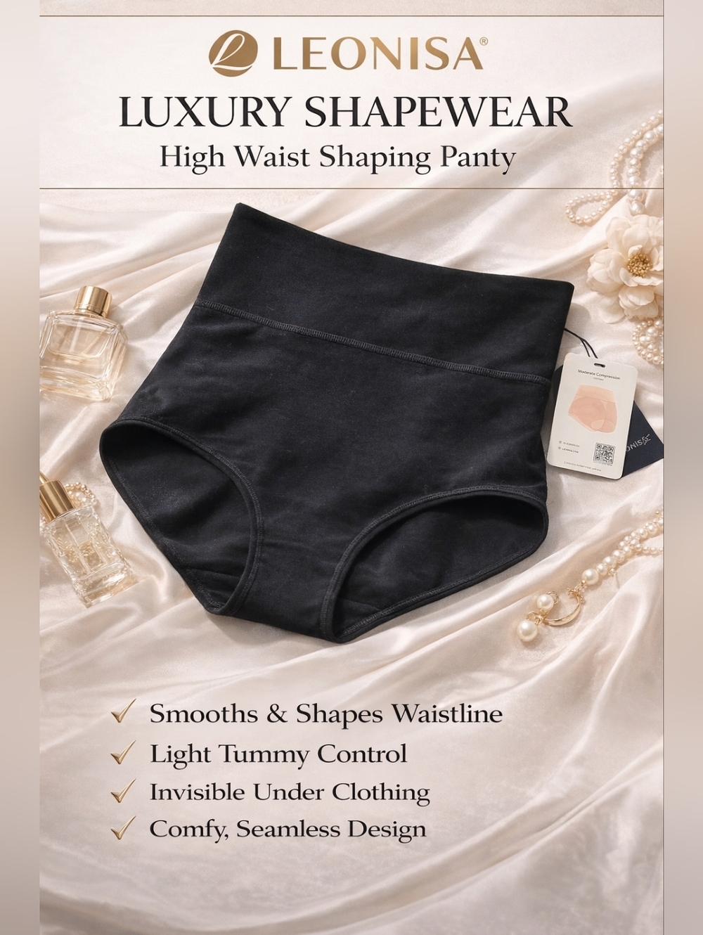 Leonisa Black High Waist Shapewear Medium Tummy Control Seamless Smoothing Panty